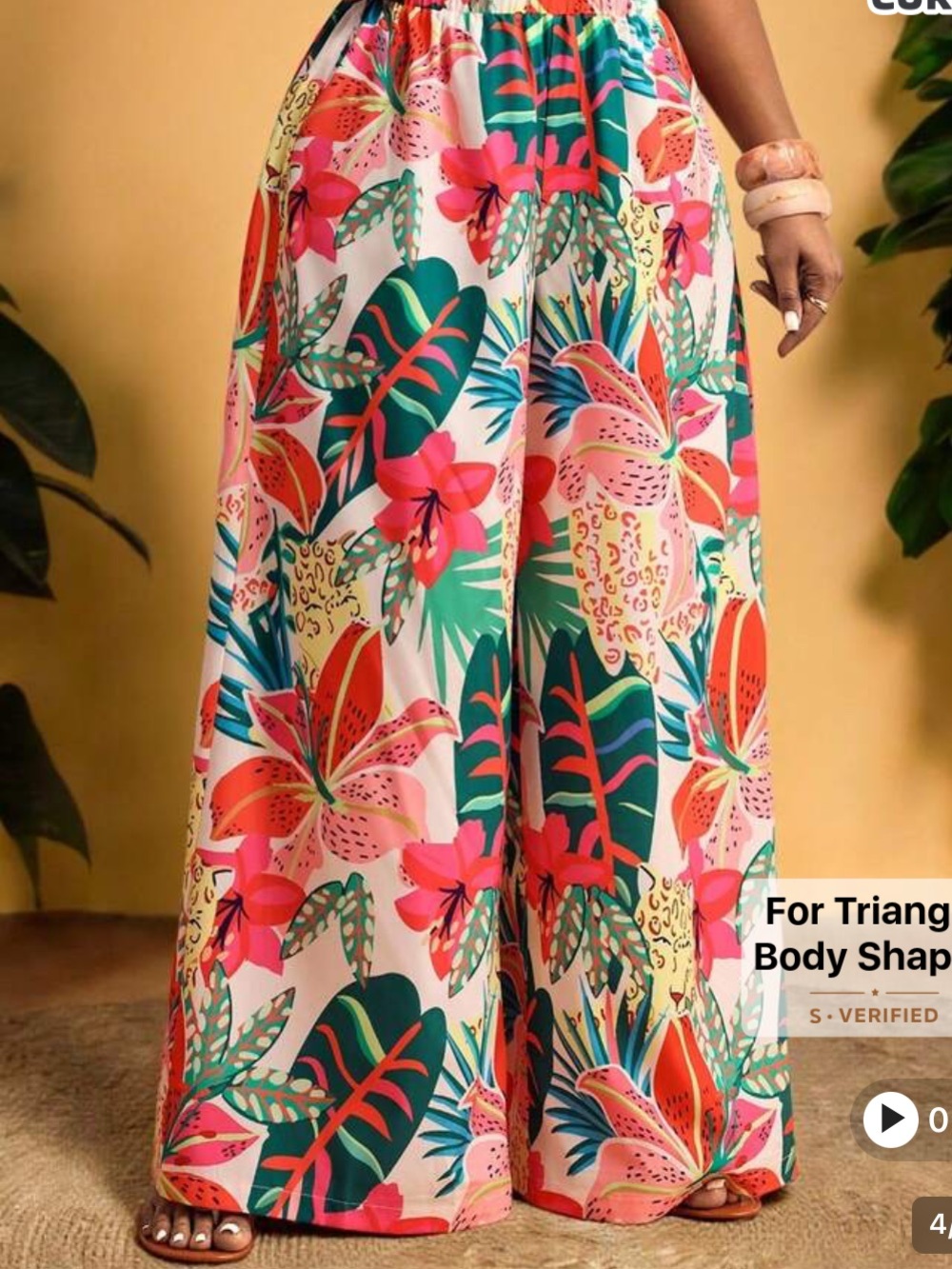 SHEIN Tropical Floral Wide Leg Pants in Pink, Green, Coral